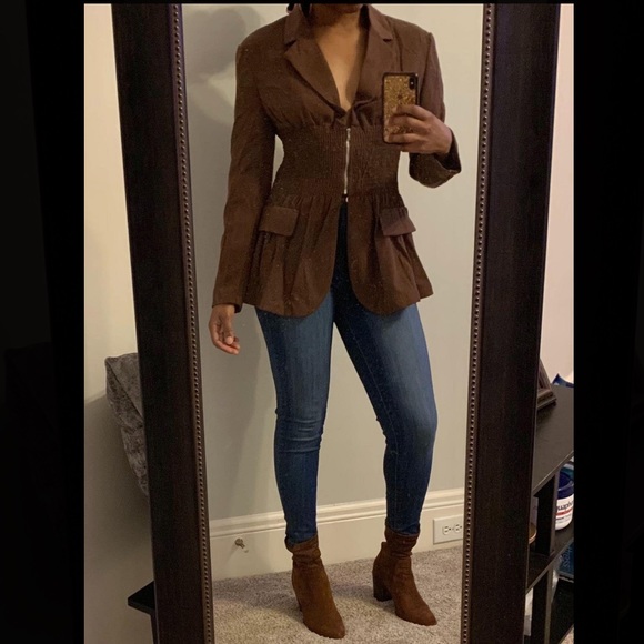 Brown Lapel Neck Shirred Waist Blazer, Size S - Picture 3 of 3